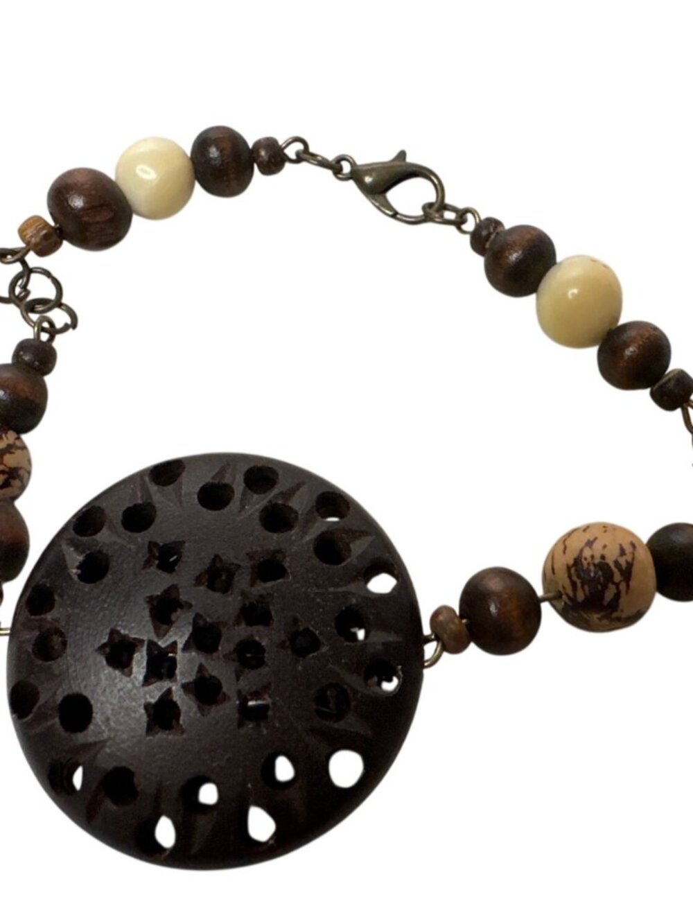 Wood Carved Trade Bead Bracelet Beaded Accents Boho Artsy  8 Inches Earth Tones